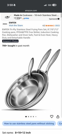 EWFEN Tri-Ply Stainless Steel Frying Pans Set, 8”/10”/12” Cooking pans, PFOA&PTFE Free Skillet, Induction Cooking Pan, Dishwasher and Oven Safe, Fast 