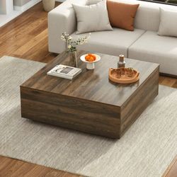 43” Square Coffee Table with Storage, 43" D x 43" W x 17" H Modern Large Square Center Table with 2 Drawers, Wood Coffee Table for Living Room, Light 