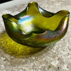 Antique Loetz Crete Iridescent Glass Bowl 3.5”x7.5”