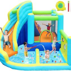 Inflatable Bounce House Water Slide Park, Bouncy Castle with Blower for Indoor & Outdoor, Jumping Castle with Slide, Climbing Wall, Basketball