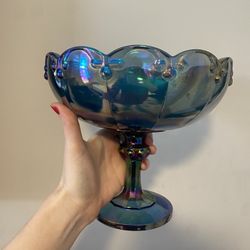 Vintage Indiana glass blue carnival glass pedestal compote Iridescent Blue Glass Footed Bowl
