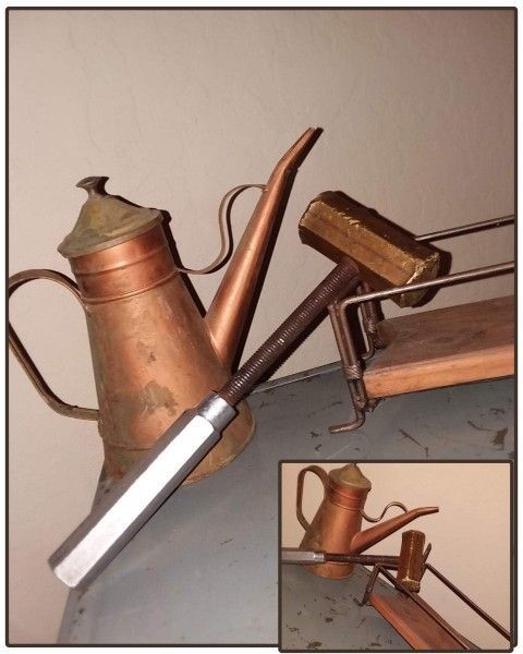 VINTAGE INDUSTRIAL STEEL METAL BRASS COPPER HAMMER WATERING CAN TABLE DECOR