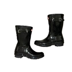Hunter Womens Short Gloss Black Rain Boots WFS1000RGL US Size 9 EU 40 UK 7