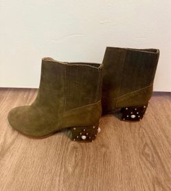 Bettye Olive Green Suede Pearl Embellished Heel Ankle Boots Size 7