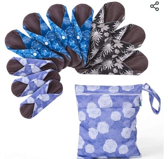 Teamoy 10pcs Cloth Panty Liners, Reusable Sanitary Pads with Wet Bag, Washable Cloth Menstrual Pads with Charcoal Absorbency Layers (Plant Styles, 3pc