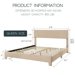 Queen Size Beige Fabric Upholstered Bed Frame with Adjustable Headboard, No Box Spring Needed, Low