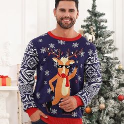 Ugly Chritsmas Sweater for Mens Funny Reindeer Snowflake Xmas Knit Sweatshirt Casual