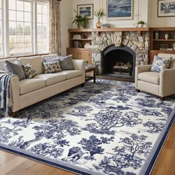 8x10 Washable Soft Low Pile Nonslip Area Rug, Toile Delft Blue, NEW