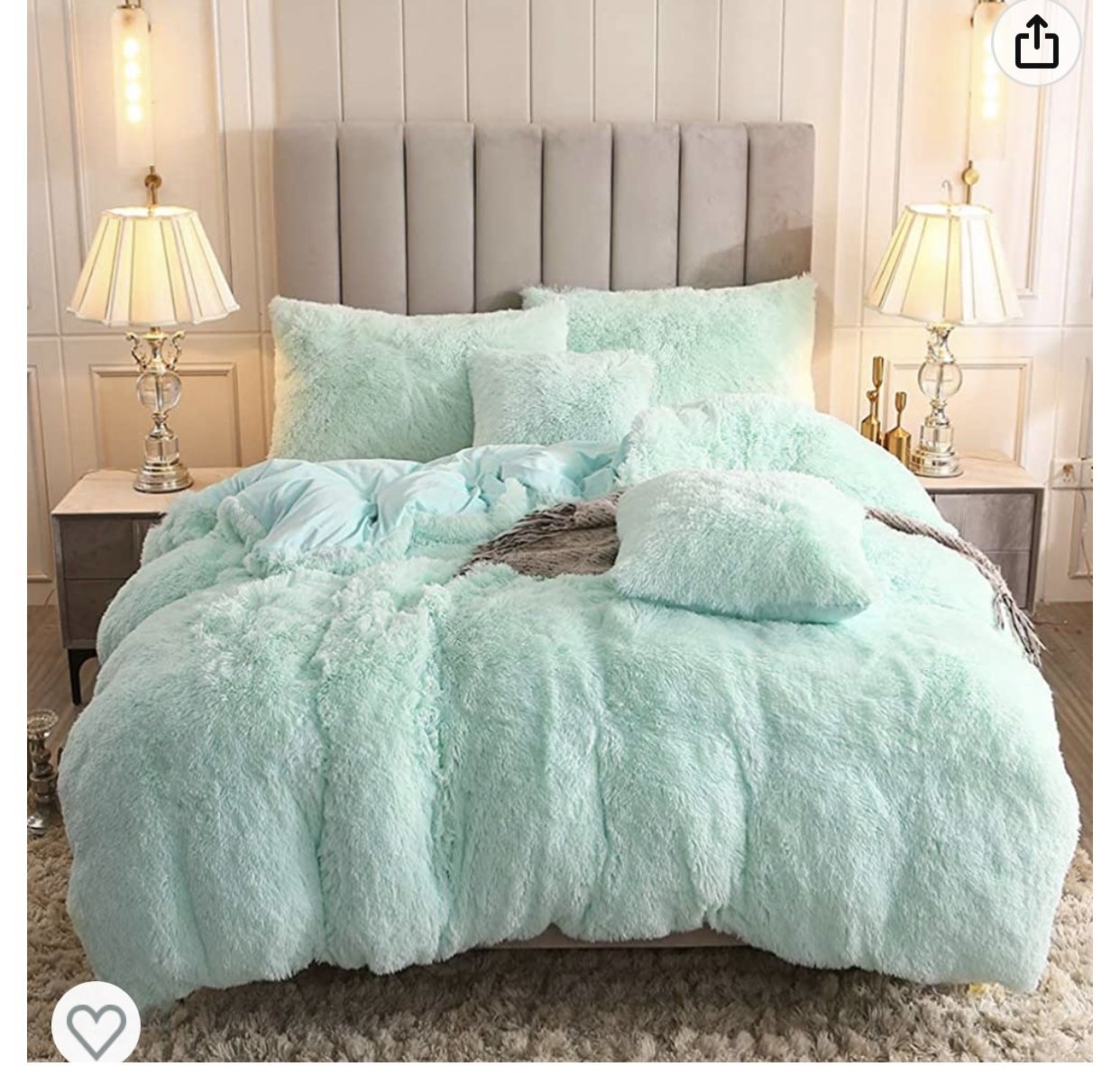 New Super Soft Shaggy Duvet Cover W/2 Pillow Cases And Top Sheet. Mint green -Queen-New