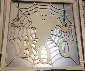 New Mirror & Plywood Halloween Decor - Boo Web Ghost Dangling Spiders