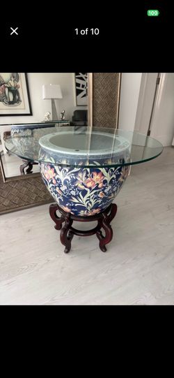 Giant Round Palace Size Grand Asian Chinoiserie Koi Fish Blue & Colorful Fishbowl Planter Pot. Zen Table With Round Glass Top & Wood Pedestal! 