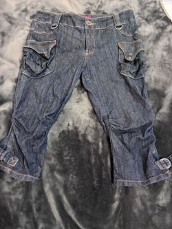 Baby Phat Women’s 14 Dark Blue Denim Utility Capri Shorts 
