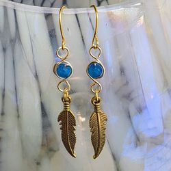 Blue Onyx And Gold Feather Earrings