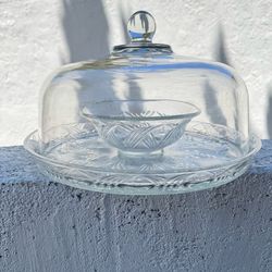 VTG Anchor Hocking "Duets" Cut Glass Chips & Dips or Cake Serving Platter with Dome Cover 13” x 9” (Silver Lake)
