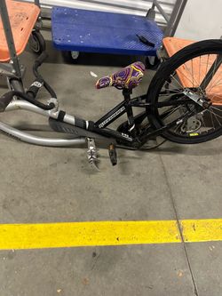 Kids tag along bicycle, needs minor cleaning and oil, is Solid with adjustable seat and extension.