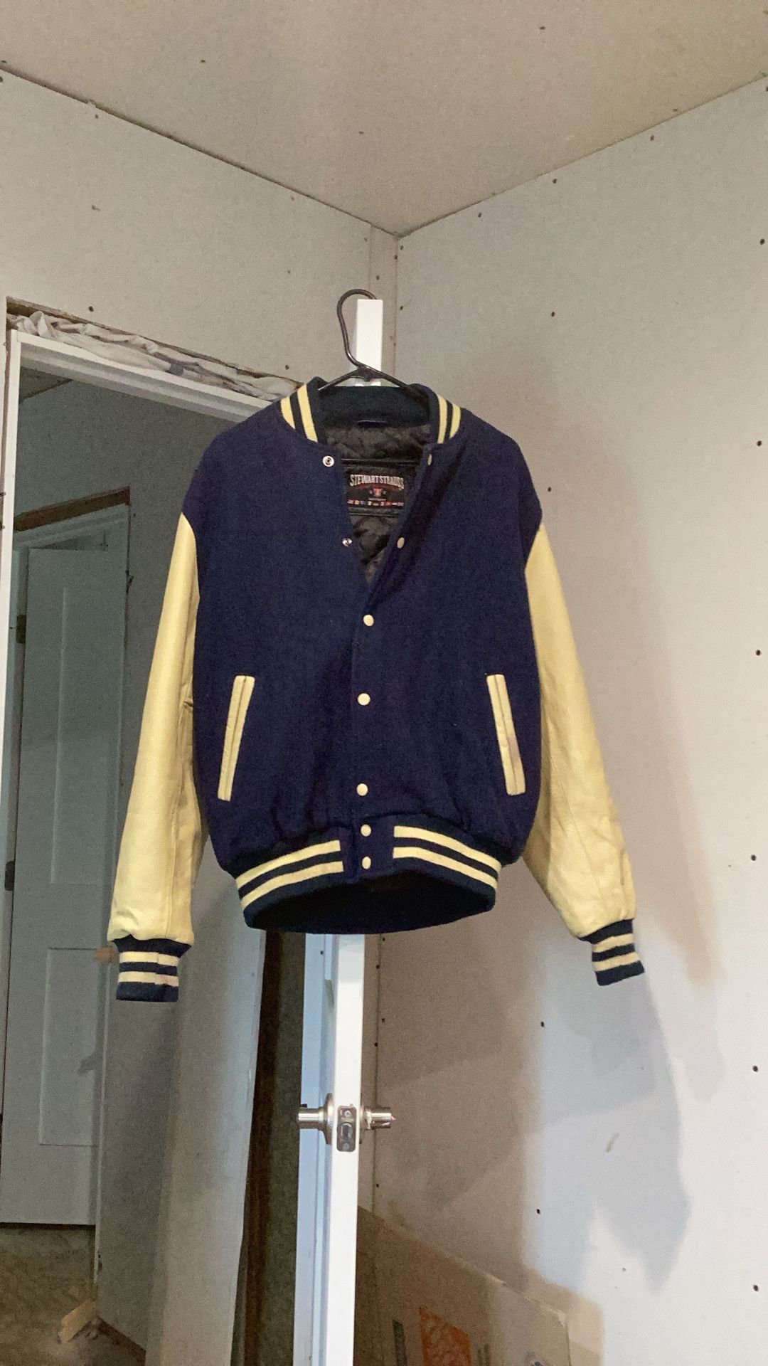 Stewart & Strauss Navy Blue & Cream Varsity Letterman Wool/Leather Jacket