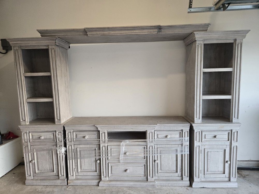 Entertainment Center - Distressed Gray Finish - Tons of Storage!