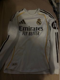 White Real Madrid 25/26 long sleeve home fan.