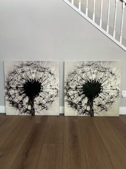 TWO 40x40 (80x40) Large Beige & Black Dandelion Textured Canvas Wall Artwork