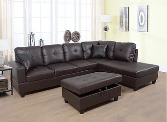 New espresso leather sectional and ottoman