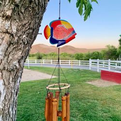 Tropical Flame Angelfish Wood & Bamboo Hand Painted Wind Chime Mobile