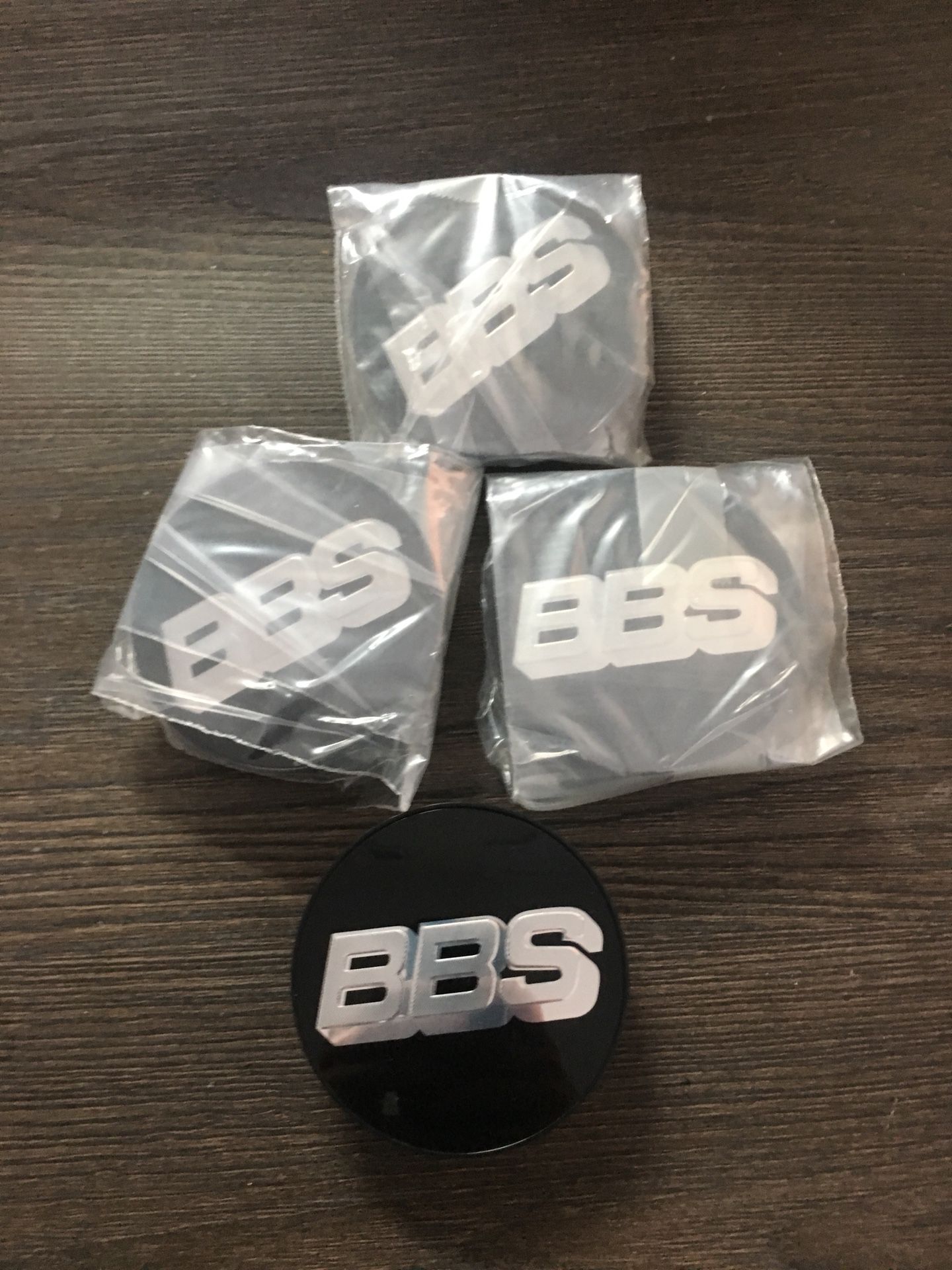 4 (four) BRAND NEW BBS GERMANY CENTER CAPS GLOSS BLACK W SILVER BBS LOGO part num 09.24.494