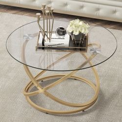 OIOG Round Coffee Table, Glass Coffee Tables for Living Room, Modern Coffee Table with Tempered Glass Tabletop, Gold Finish