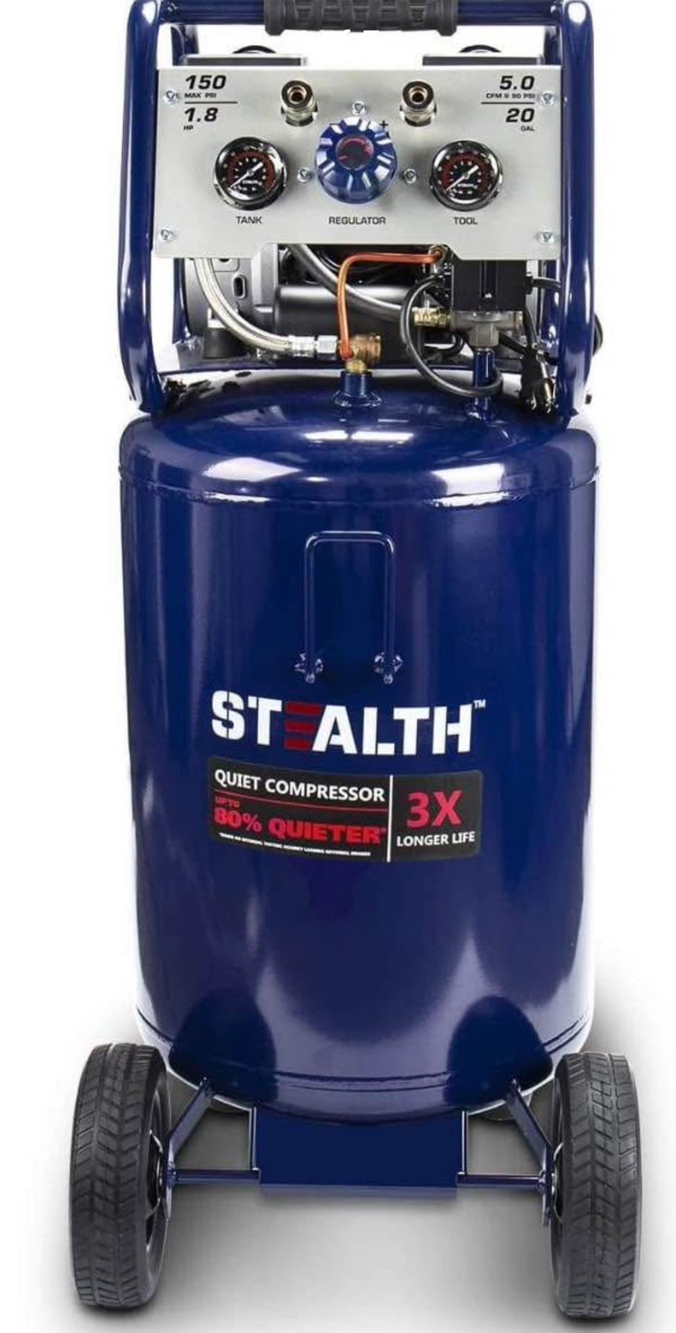 Stealth 20 Gallon Ultra Quiet Air Compressor, 1.8 HP Oil-Free Peak 150 PSI 68 Decibel, 5.5 CFM