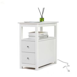 Side Table, 1 PC narrow white night stand with USB charging , NEW