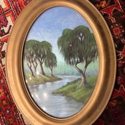 Antique Victorian Bubble Glass Painting Oval Frame Convex Glass