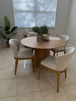Nomad Light Tone 47" Round Dining Table And 4 Light Beige Upholstered Side Chairs - Like New - Moving Sale