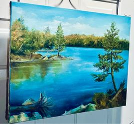VINTAGE 16” x 20” OIL ON CANVAS OF LAKE & LANDSCAPE NEAR THE NORTH AMERICA/ CANADA BORDER! PAINTING SIGNED BY MARJORIE CLARK!