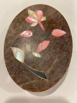 Vintage Pink Flowers Inlaid Carved Stone Trinket Box Made in India 4” long x 3” wide x 1.25” high