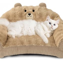 NEW/ Cat Bed for Pets - Fluffy Cat Couch with Original Bear Design, Fuzzy Cats Sofa with Removable Washable Cover, Supportive Pet Chair, 24inch, Almon