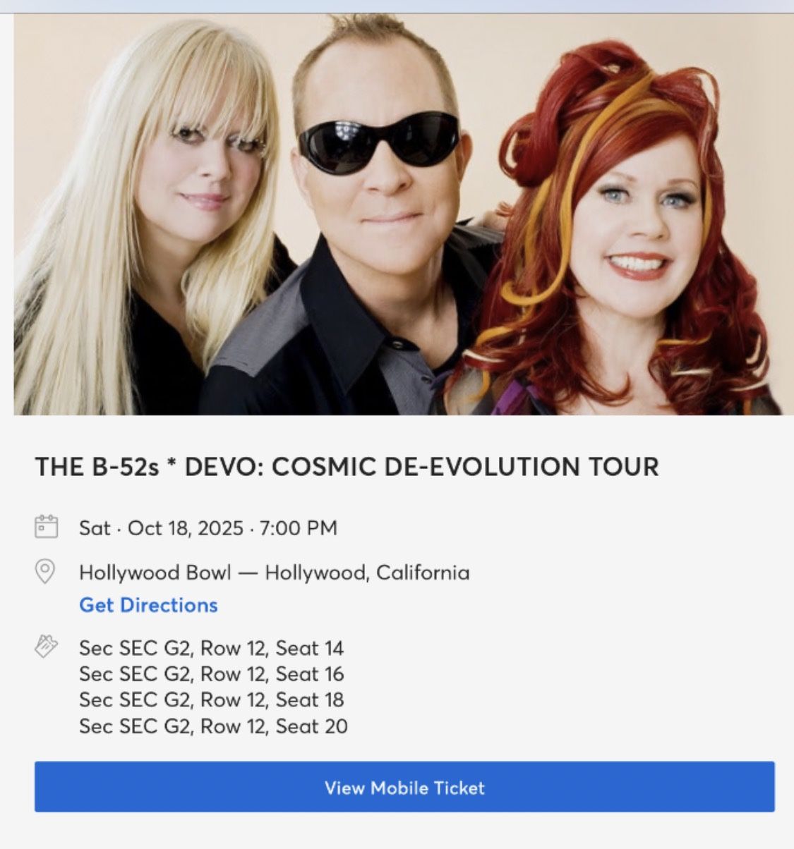 B52 /Devo  2  Tickets  Tonight 10/18/25