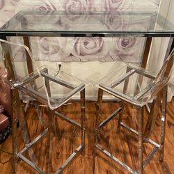 Glass Top Counter Height Table W/ Clear Acrylic Bar Stools