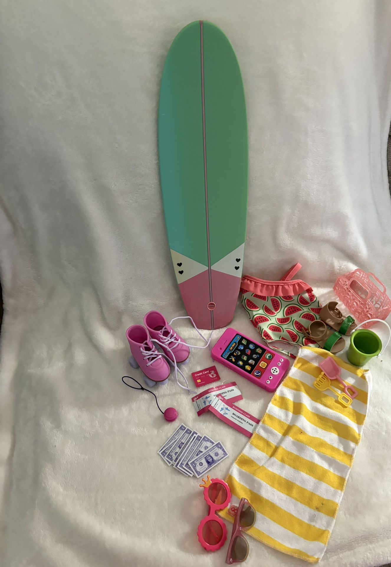 American Girl Doll “At The Beach Surfboard”, Roll Skates, Swim  Outfit and Beach Accessories