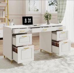 57" White and Gold Desk with 7 Drawers
White Executive Desk with Storage, Home Office Desk with Gold Accent for Women, Golden Handle and Legs