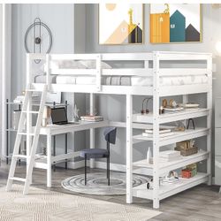 Full Size High Loft Bed—Solid Wood Bedframe with One Desk & Four Shelves & Angle Ladder & Safety Guardrail