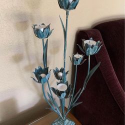 Unique Vintage Green Metal Flower Candelabra 