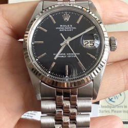ROLEX MENS DATEJUST BLACK DIAL FLUTED BEZEL 18K WHITE GOLD STAINLESS STEEL WATCH Authentic  36MM