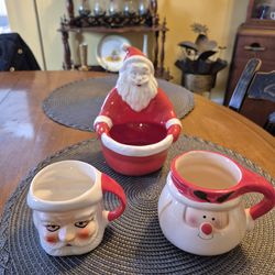 Department 56 candy dish, santa and two ceramic coffee mugs