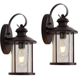 2 Pack Outdoor Wall Lantern Lights, 13.75 Inch Outside Porch Light Fixture with Clear Seedy Glass, Oil Rubbed Bronze Exterior Wall Lights for House, F