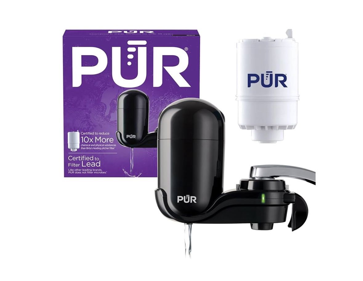 PUR Vertical Faucet Mount Water Filtration System with Lead Reducing Filter for Cleaner, Filtered Tap Water, Lasts 100 Gallons, Sink Water Filter, Fit