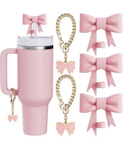 Compatible with Stanley Cup Accessories - 3Pcs 10mm Bow Straw Topper Compatible with Stanley Cup Straw Cover Cap, 2pcs Pink Bow Charms for Stanley 30&