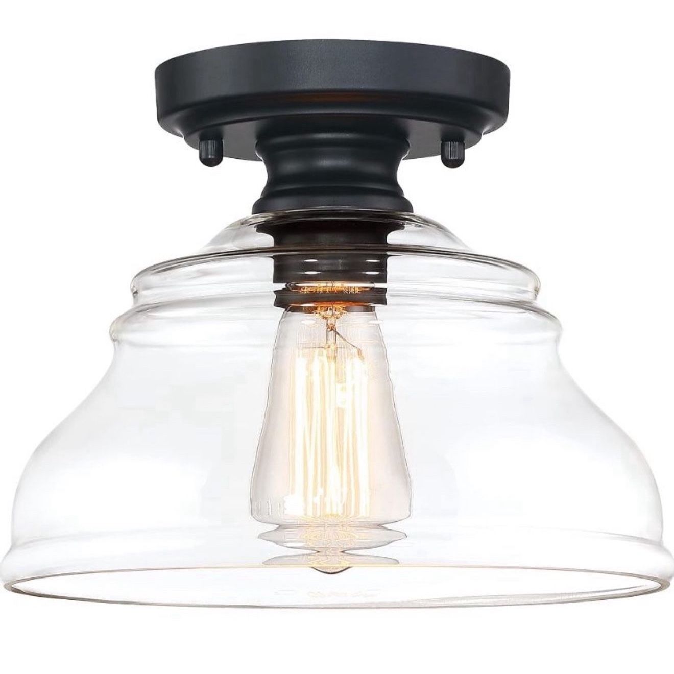 MEXO Industrial Semi Flush Mount Ceiling Light, Modern Clear Glass Light Fixture Farmhouse 10" Close to Ceiling Lights in Black Finish for Hallway Bed