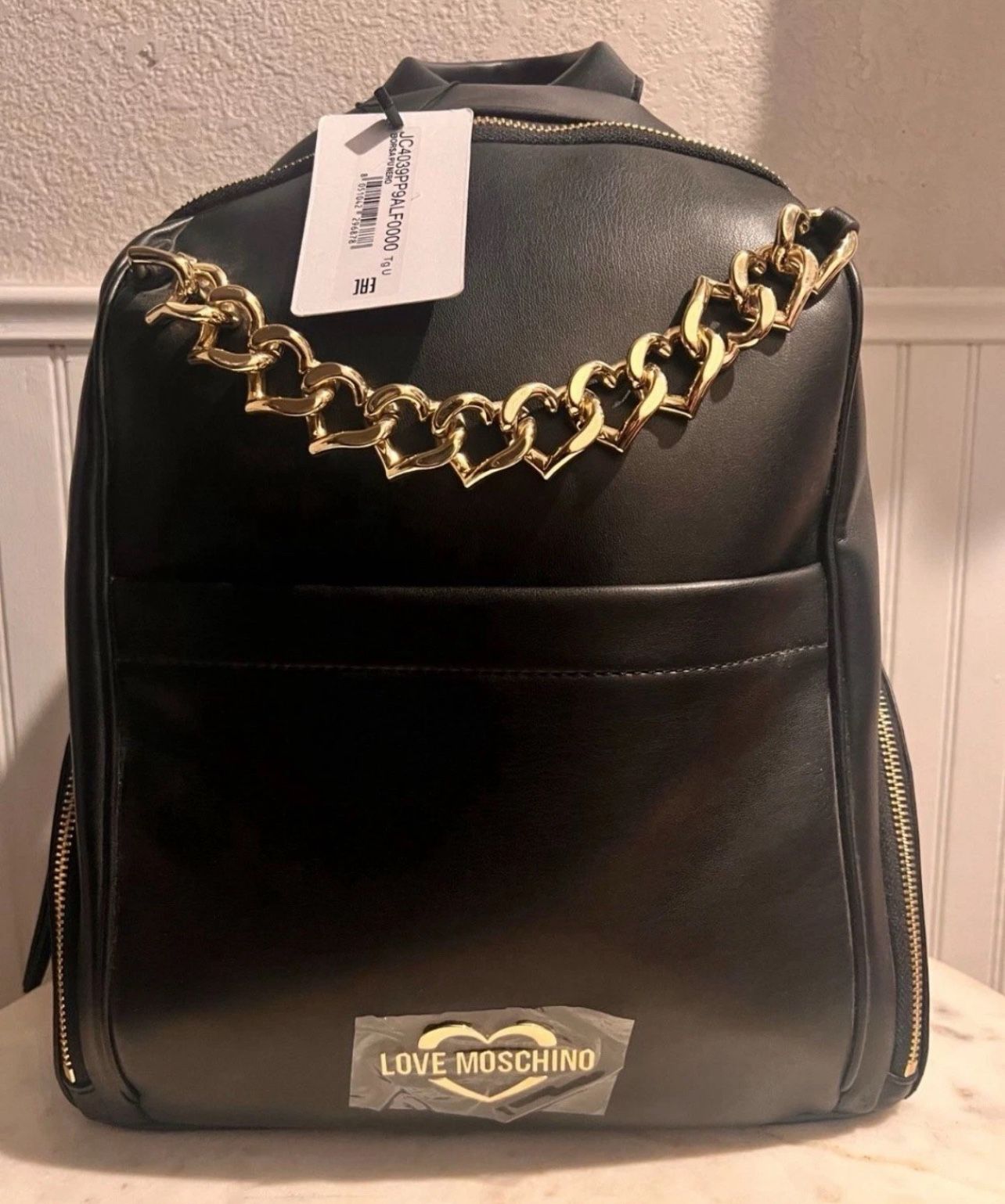 New Love Moschino Black Backpack w/ Gold Heart Chain Borsa Pu Nero