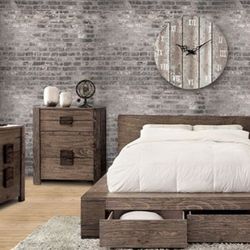 Brand New Rustic Natural Tone Low Profile Storage 6pc Cal. King Bedroom Set 