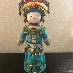 Chinese Ethnic Custom With Gorgeous Headgear Wood Doll Hand Painted Figurine 11”