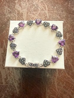 Silver Heart Bracelet with Purple Stones